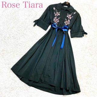 ローズティアラ(Rose Tiara)の美品 ローズティアラ  シャツワンピース F 大きいサイズ ゆったり 刺しゅう(ロングワンピース/マキシワンピース)