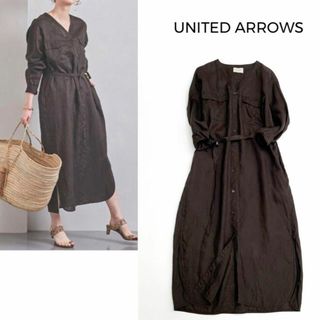 ユナイテッドアローズ(UNITED ARROWS)のユナイテッドアローズ＊リネン Vネック シャツワンピース　羽織り　ブラウン(ロングワンピース/マキシワンピース)