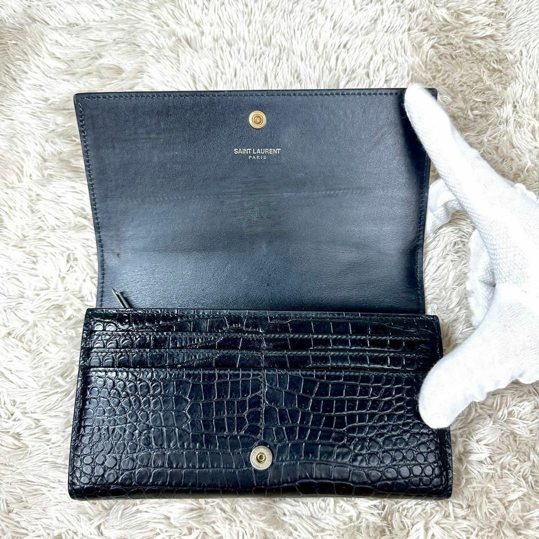 【美品】サンローラン 長財布 フラップ ブラック クロコ YSL レディース