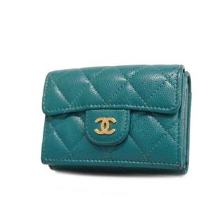 シャネル(CHANEL)の【4fd4308】シャネル 三つ折り財布/マトラッセ/キャビアスキン/ブルー/シャンパンゴールド金具 【中古】 レディース(財布)