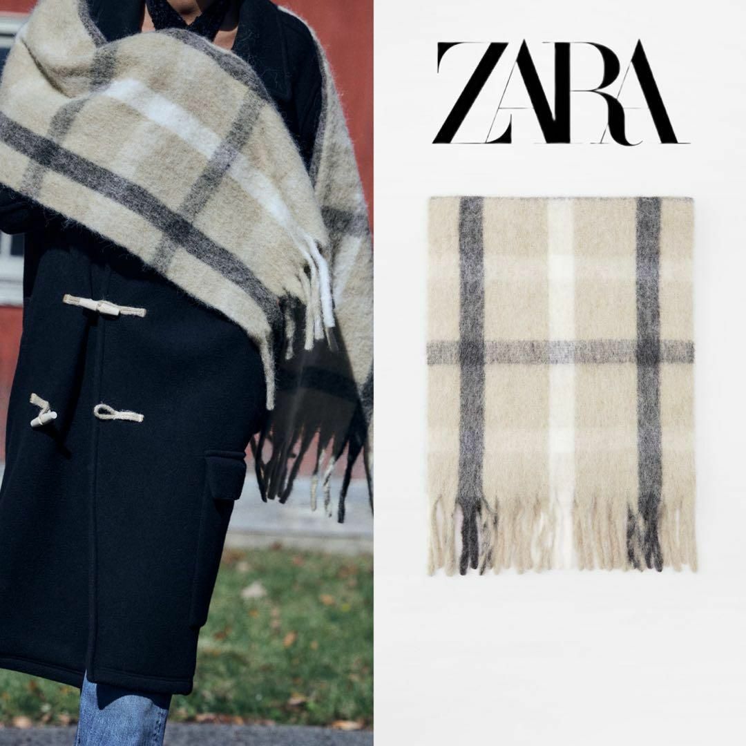 ZARA(ザラ)のZARA フリンジ付きチェック柄スカーフ ショール マフラー レディースのファッション小物(マフラー/ショール)の商品写真