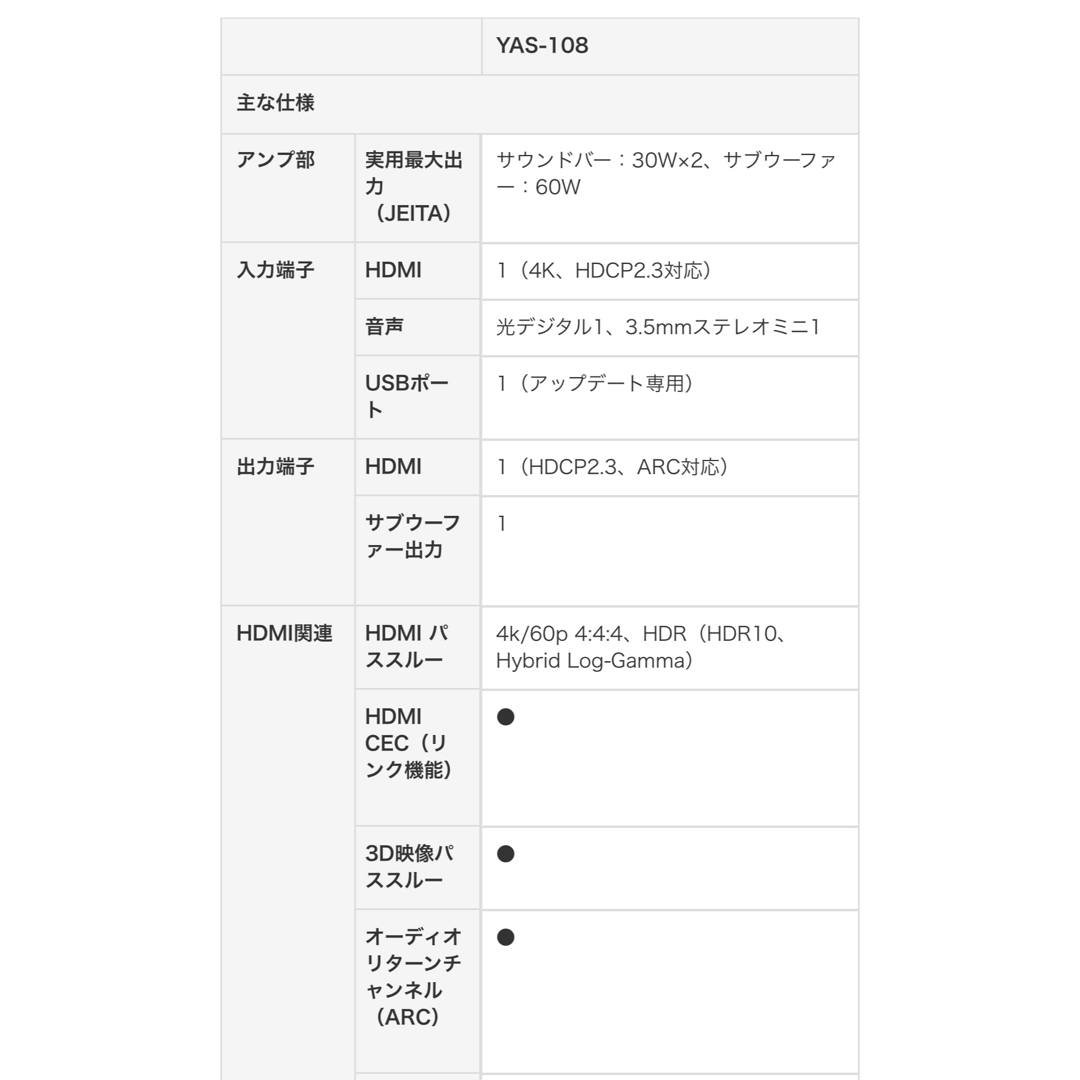 ヤマハ(ヤマハ)のYAMAHAフロントサラウンドシステム◆YAS-108 スマホ/家電/カメラのオーディオ機器(スピーカー)の商品写真