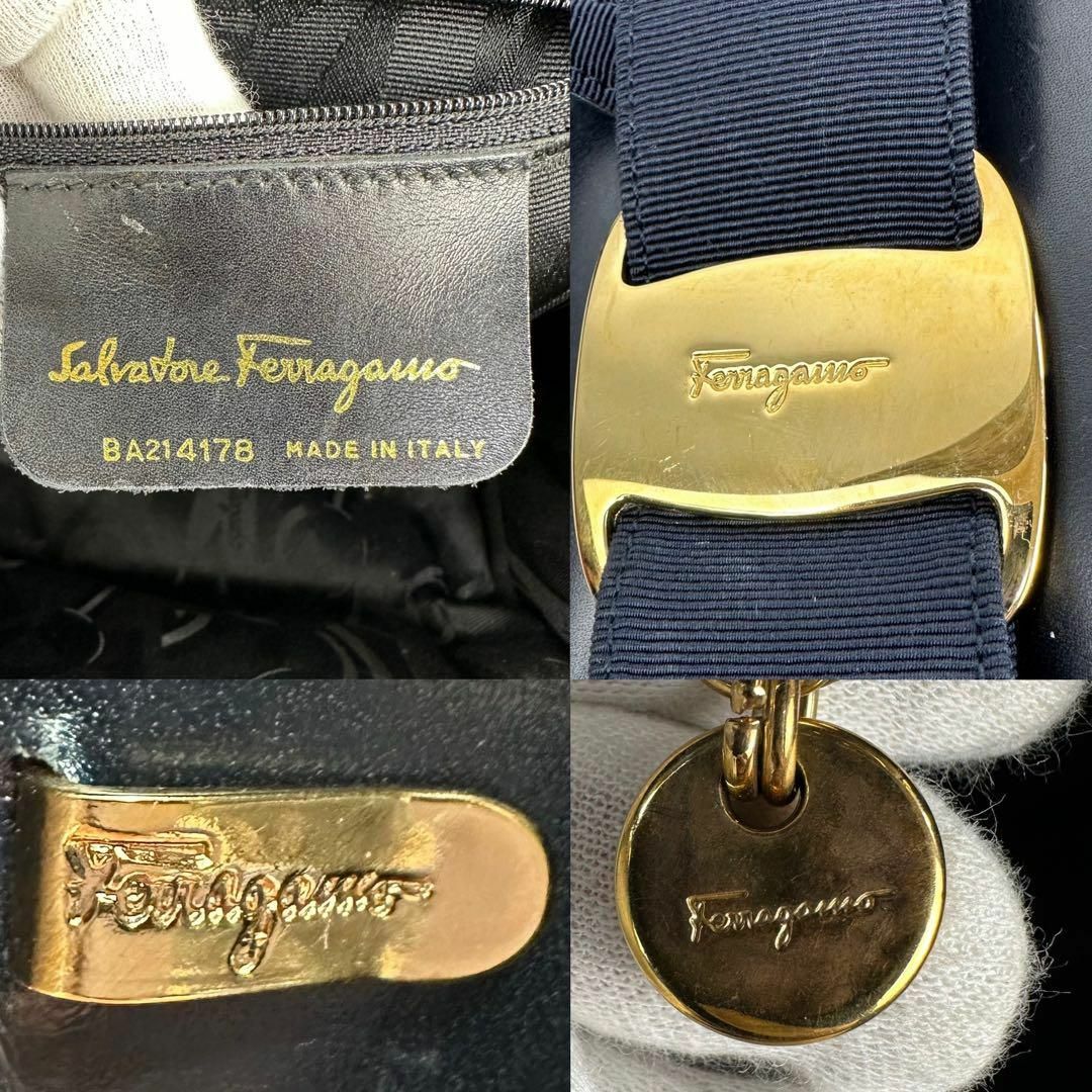 Ferragamo(フェラガモ)のフェラガモ  ハンドバッグ　ヴァラリボン　ゴールド金具　フラップ　紺　レザー レディースのバッグ(ハンドバッグ)の商品写真