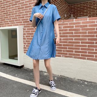 3999円○ XLとろみシャツ ミニワンピース 夏服 韓国 オルチャン ブルー(ミニワンピース)