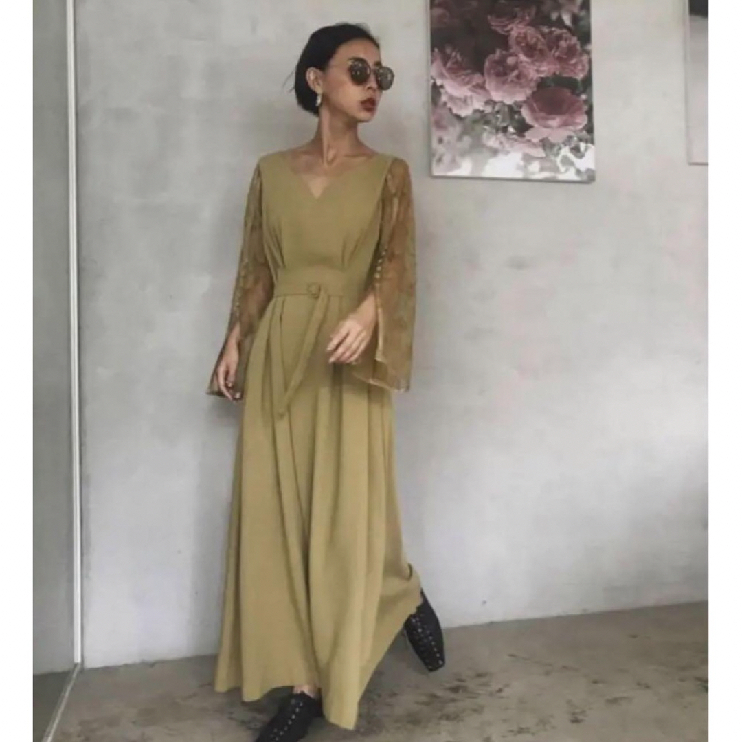 Ameri VINTAGE - LACE SLEEVE REFINED DRESS マスタードの通販 Ameri VINTAGE - LACE SLEEVE REFINED DRESS マスタードの通販