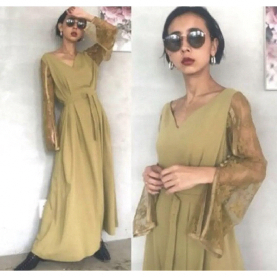 Ameri VINTAGE - LACE SLEEVE REFINED DRESS マスタードの通販 Ameri VINTAGE - LACE SLEEVE REFINED DRESS マスタードの通販