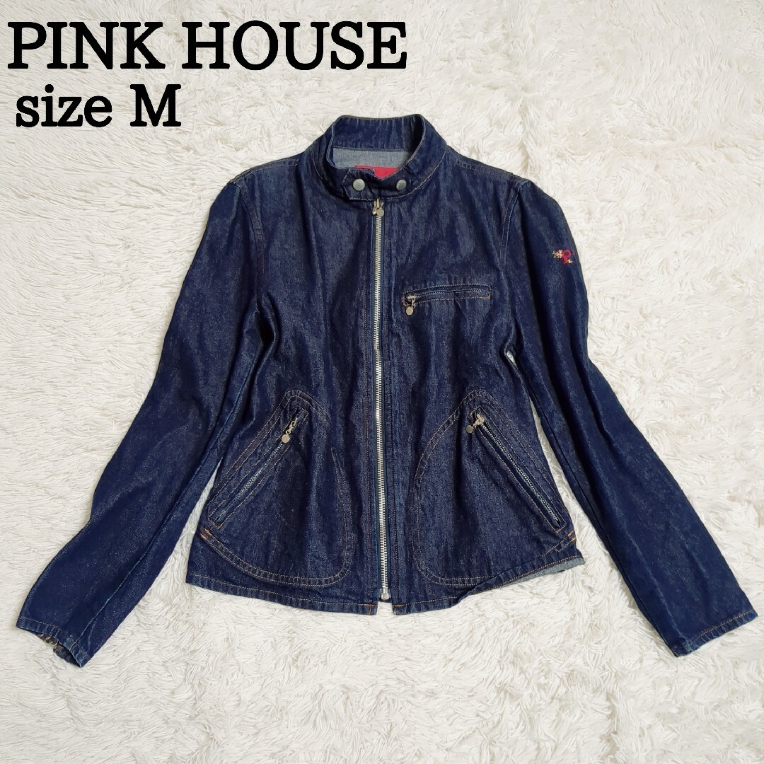 PINK HOUSE(ピンクハウス)の【美品】ピンクハウス デニムジャケット ライダース ジャケット シングル 刺繍M レディースのジャケット/アウター(Gジャン/デニムジャケット)の商品写真