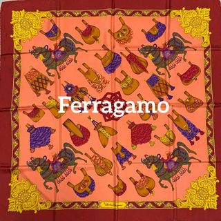 美品 ★Ferragamo★ スカーフ 大判 バッグ 馬 シルク レッド ピンク