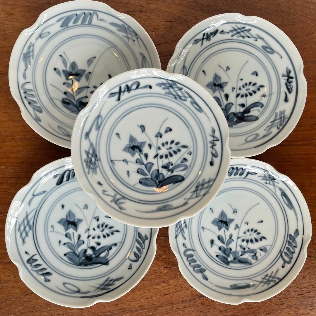 新品 未使用 源新窯 銘々皿 小皿 取り皿 染付 手描き 晃菊 花形