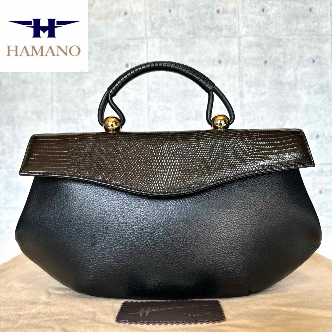 濱野皮革工藝/HAMANO(ハマノヒカクコウゲイ)の【美品】HAMANO ロイヤルモデル リザード×カーフレザー 黒 ハンドバッグ レディースのバッグ(ハンドバッグ)の商品写真