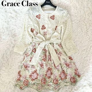 グレースコンチネンタル(GRACE CONTINENTAL)の新品 タグ付き✨グレースクラス ワンピース リボン レース 花柄 刺繍 Aライン(ひざ丈ワンピース)