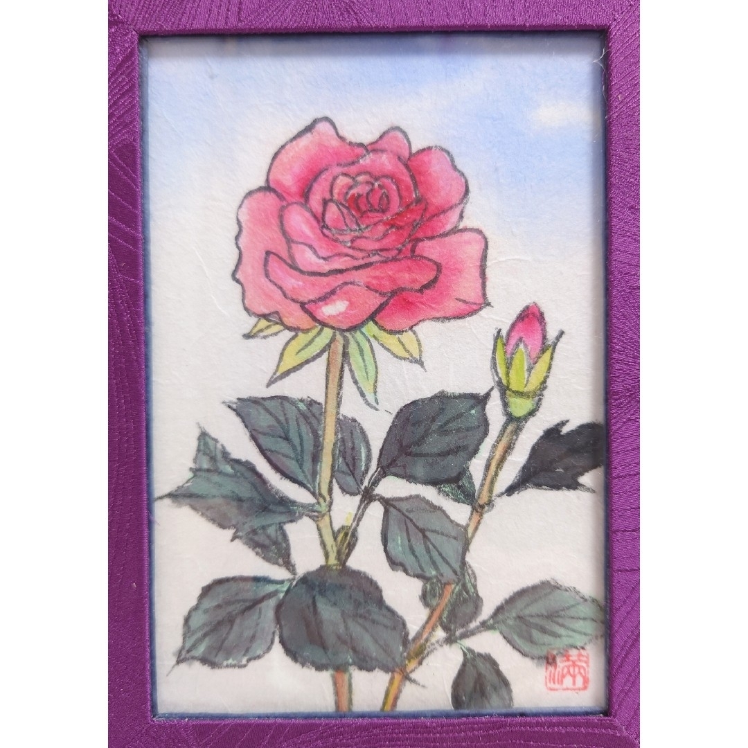 墨彩画 絵画 和服リフォーム額 薔薇 バラ ばら 花 赤 レッド 絵 イラスト エンタメ/ホビーの美術品/アンティーク(絵画/タペストリー)の商品写真