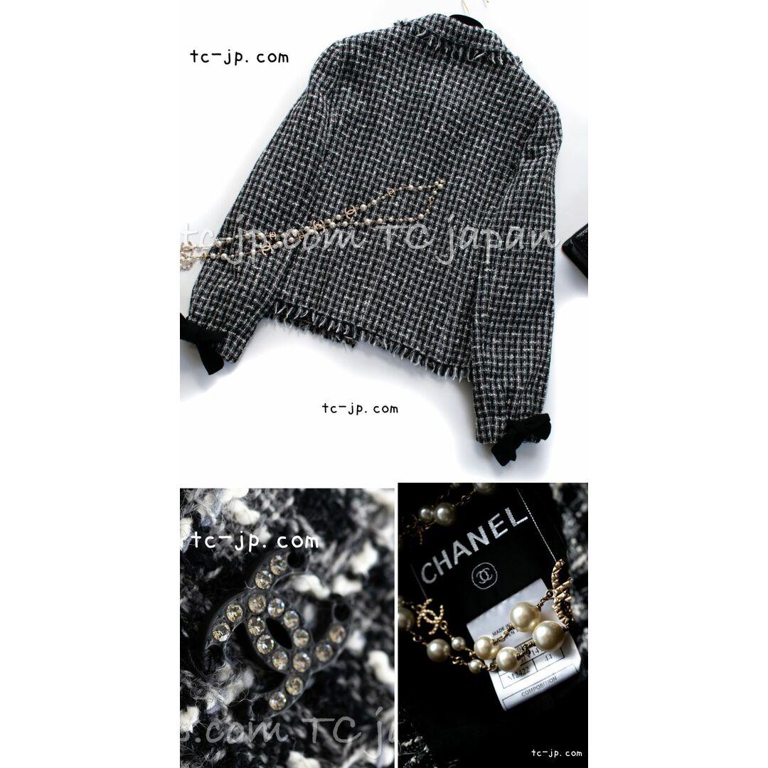 CHANEL(シャネル)の超美品 シャネル ジャケット CHANEL ブラック アイボリー 上品 おとな可愛い美人みえ リボン ツイード 千鳥格子 CCロゴ 超美品 44 希少サイズ レディースのジャケット/アウター(テーラードジャケット)の商品写真