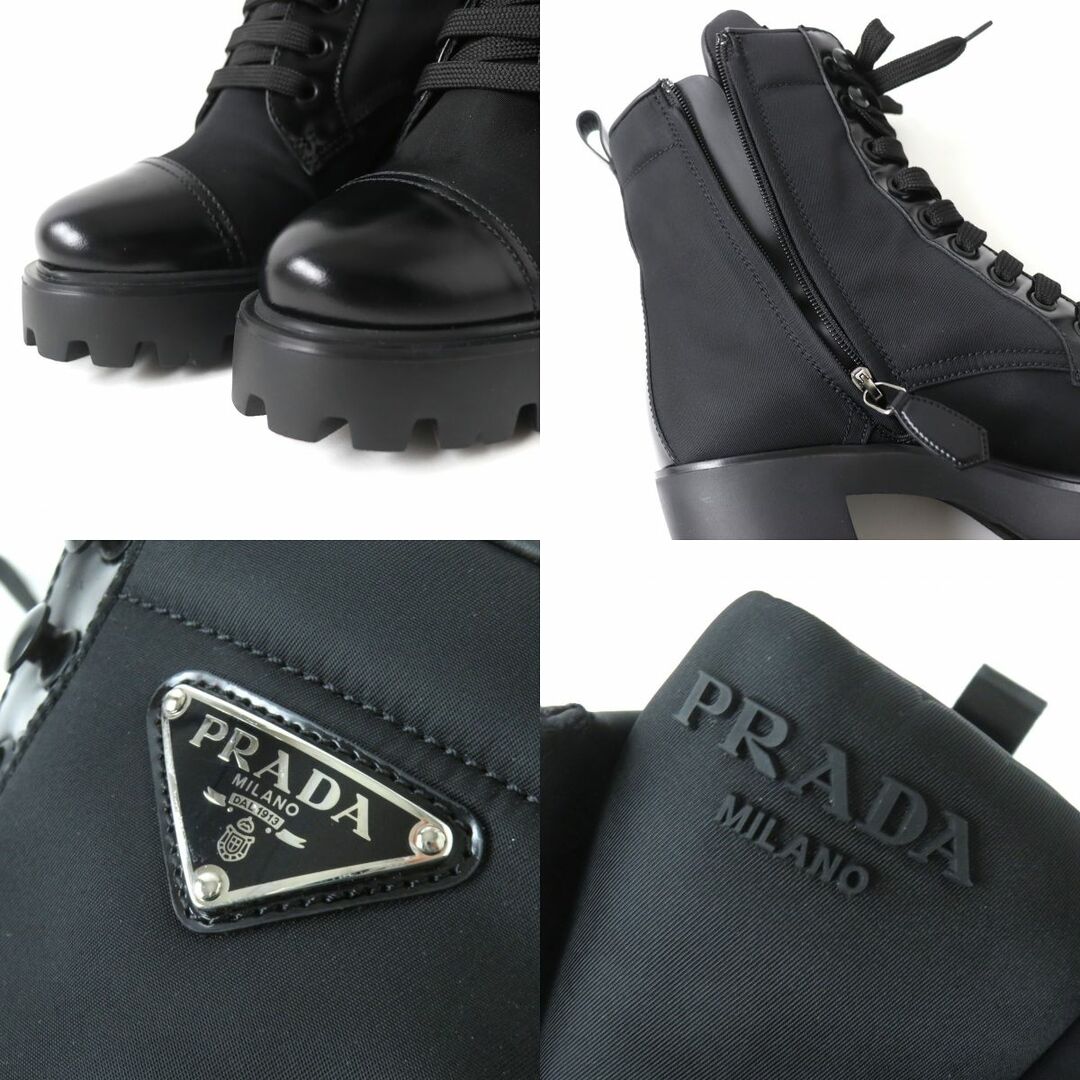 PRADA(プラダ)の極美品△23AW PRADA プラダ 1T239N トライアングルプレート Re-nylon×レザー アンクルブーツ/ショートブーツ ブラック 38 定価214,500円 レディースの靴/シューズ(ブーツ)の商品写真