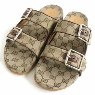 グッチ(Gucci)の美品□GUCCI/グッチ 658020 GGキャンバス ストラップ付き レザーパイピング スライドサンダル/フラットサンダル ベージュ 6 イタリア製(サンダル)