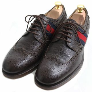 グッチ(Gucci)の美品●GUCCI グッチ 429203 シェリーライン/ウェブライン ウイングチップ フルブローグ メダリオン レザーシューズ ブラウン 7 イタリア製(その他)