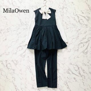 ミラオーウェン(Mila Owen)の美品　ミラオーウェン　ペプラム　3点セットアップ　紺　M フォーマル ボウタイ(スーツ)