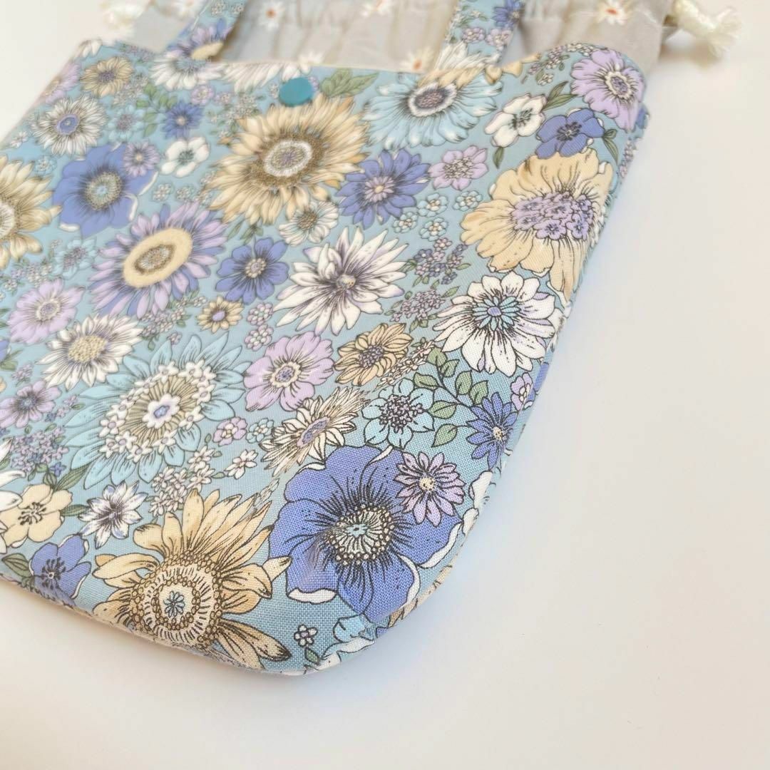 モダンフラワーのミニトート巾着バッグ/ブルー ハンドメイドのファッション小物(バッグ)の商品写真