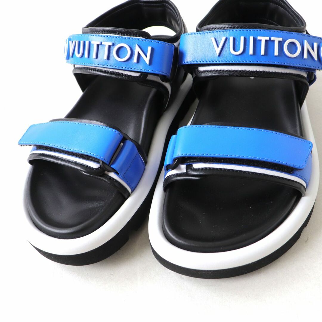 LOUIS VUITTON(ルイヴィトン)の未使用品◎イタリア製 2021年 LV ルイヴィトン レディース プールピローライン レザー使い フラットサンダル ブルー×ブラック 37 箱・袋 レディースの靴/シューズ(サンダル)の商品写真