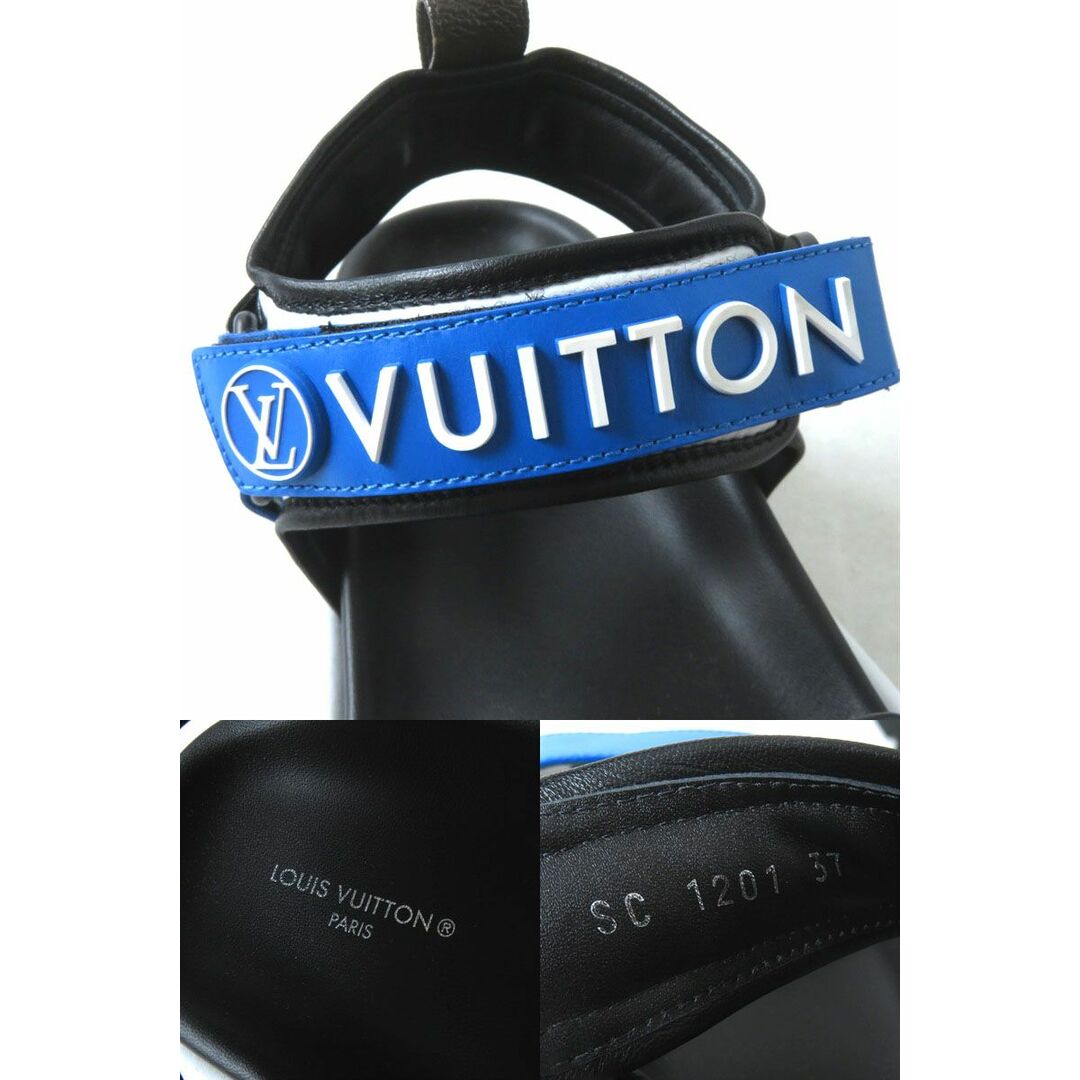 LOUIS VUITTON(ルイヴィトン)の未使用品◎イタリア製 2021年 LV ルイヴィトン レディース プールピローライン レザー使い フラットサンダル ブルー×ブラック 37 箱・袋 レディースの靴/シューズ(サンダル)の商品写真
