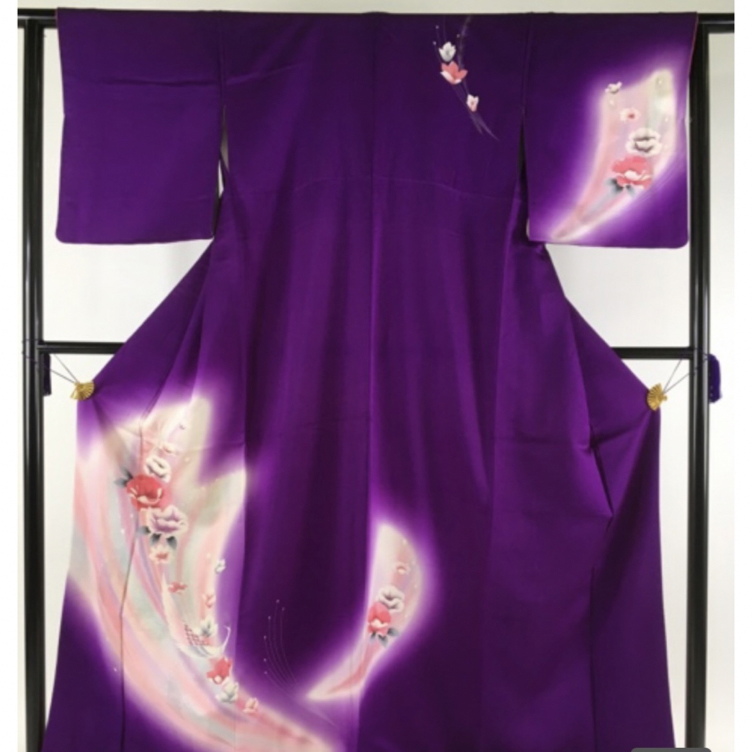着物 良品 付下げ　紫 草花 孔雀　金彩　銀彩　正絹　袷 レディースの水着/浴衣(着物)の商品写真