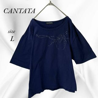 【CANTATA】半袖Tシャツ　カットソー　スパンコール付き　ネイビー　L(Tシャツ/カットソー(半袖/袖なし))