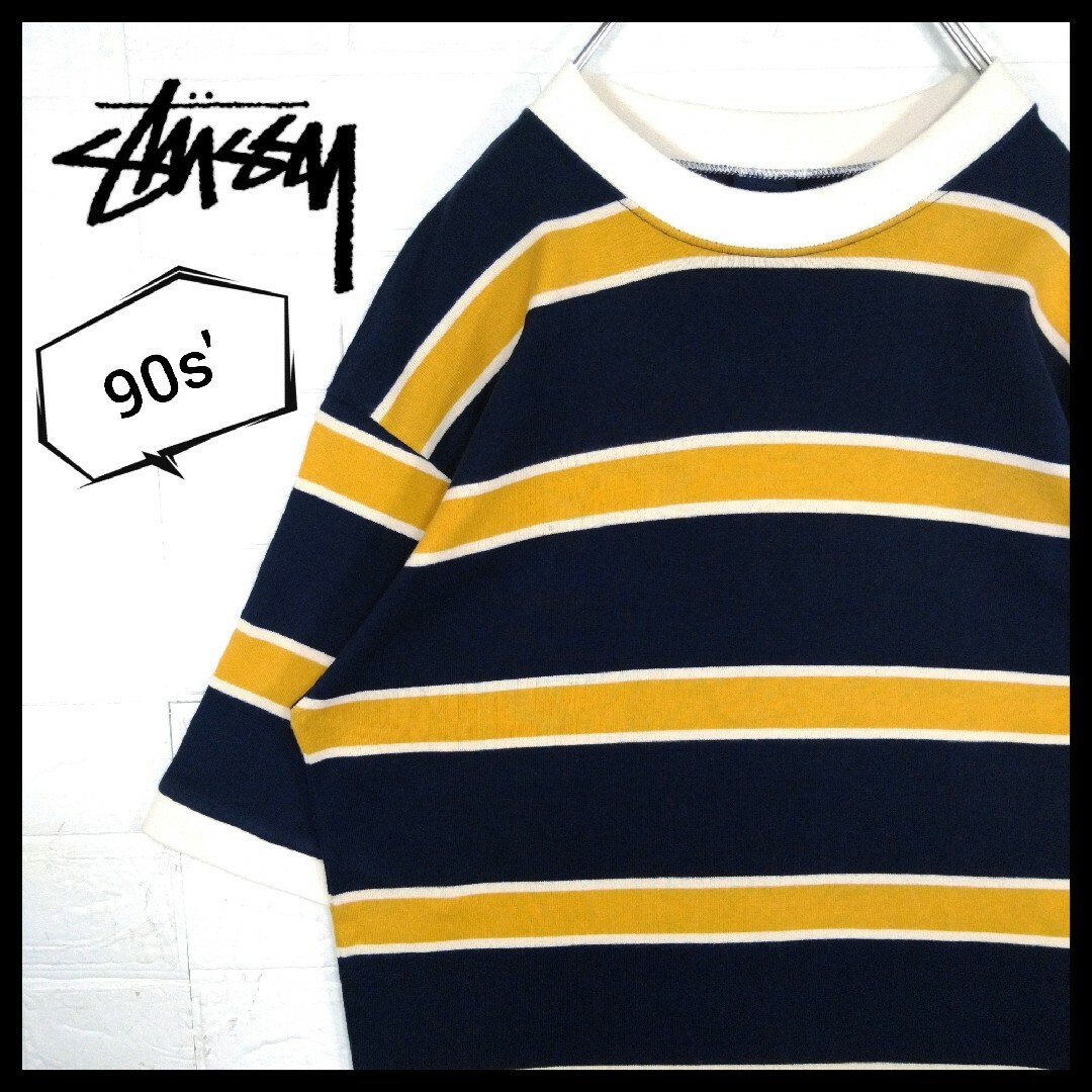 STUSSY(ステューシー)の【STUSSY】90s'紺タグ ロゴ刺繍　ボーダー　リンガーTシャツ メンズのトップス(Tシャツ/カットソー(半袖/袖なし))の商品写真