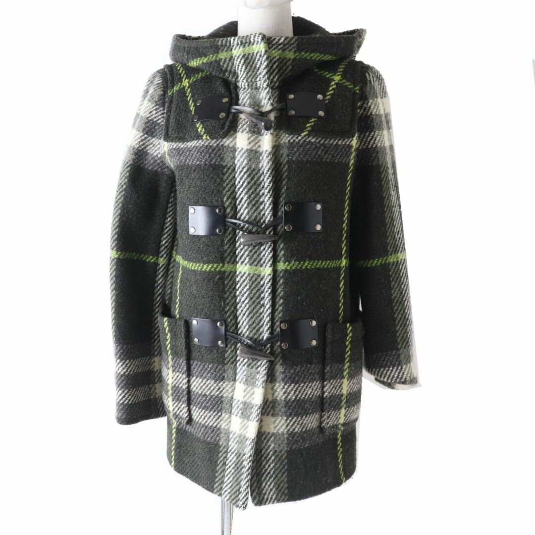 BURBERRY(バーバリー)の美品◎正規品 BURBERRY LONDON バーバリーロンドン FN072-071-72 レディース レザー使い ツイードダッフルコート カーキ系 チェック柄 38 レディースのジャケット/アウター(ダッフルコート)の商品写真