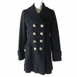 バーバリー(BURBERRY)の極美品△正規品 BURBERRY BLUE LABEL バーバリーブルーレーベル 裏地チェック柄 金ロゴボタン付 裾プリーツ ウールコート ブラック 黒 38(ロングコート)