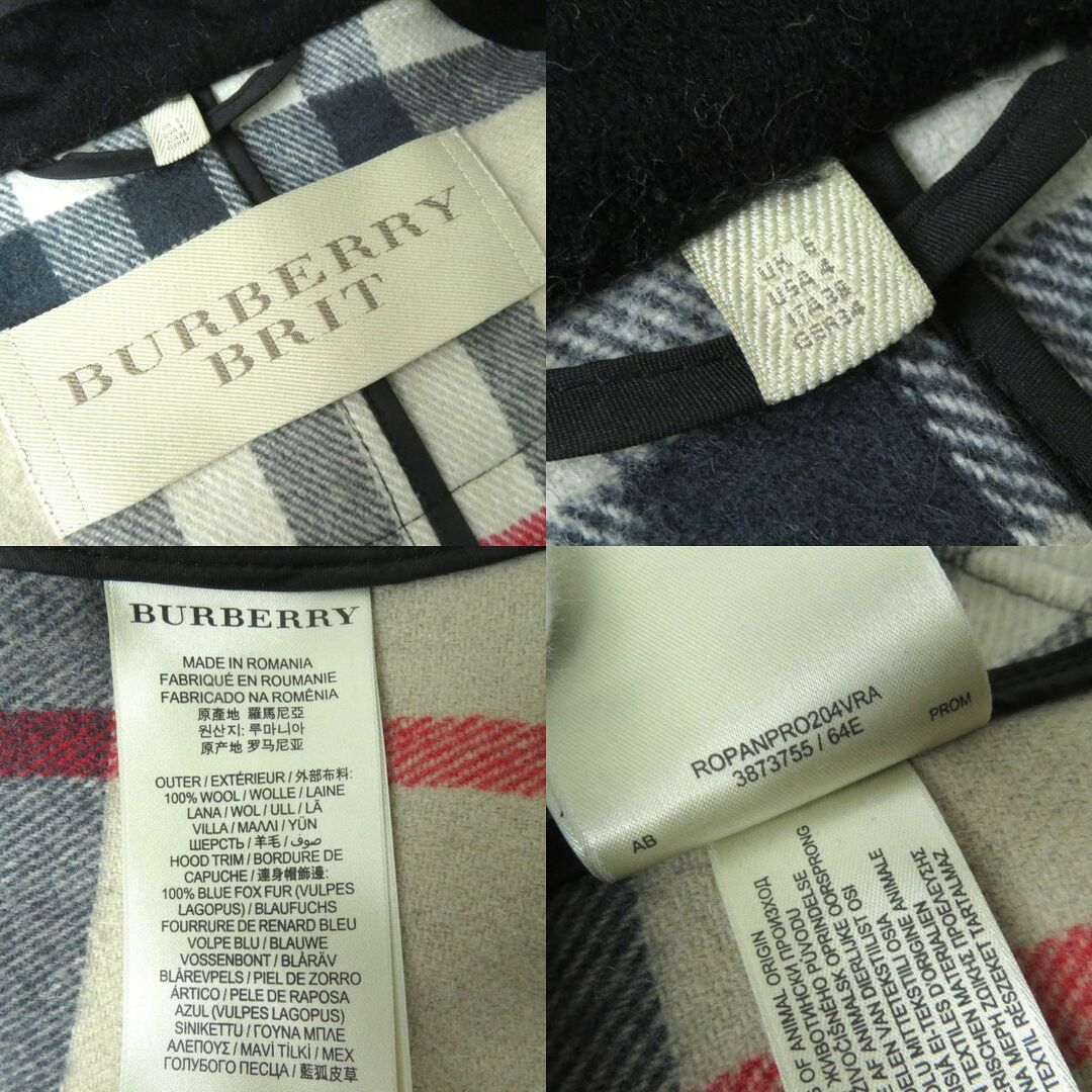 BURBERRY(バーバリー)の美品△BURBERRY BRIT バーバリーブリット 3873755 裏地ノバチェック柄 フォックスファー使い ウール100％ ダッフルコート レディース 黒 38 レディースのジャケット/アウター(ダッフルコート)の商品写真