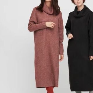 ユニクロ(UNIQLO)のユニクロ　オフタートルネック　ロングワンピース　長袖　ピンク(ロングワンピース/マキシワンピース)