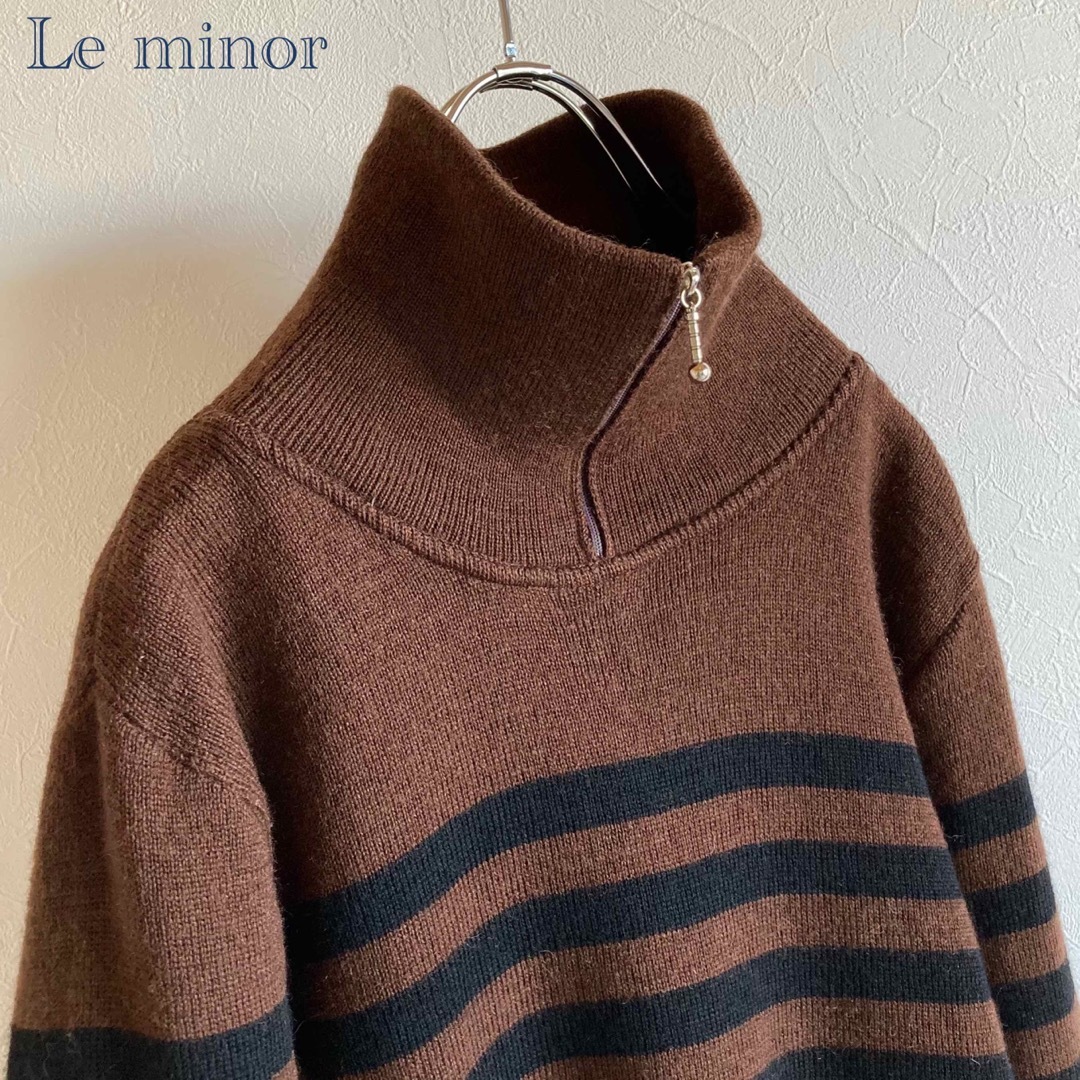 Le Minor(ルミノア)のフランス製 ルミノア ボーダー ウール ジップ タートルネック ニット ブラウン レディースのトップス(ニット/セーター)の商品写真