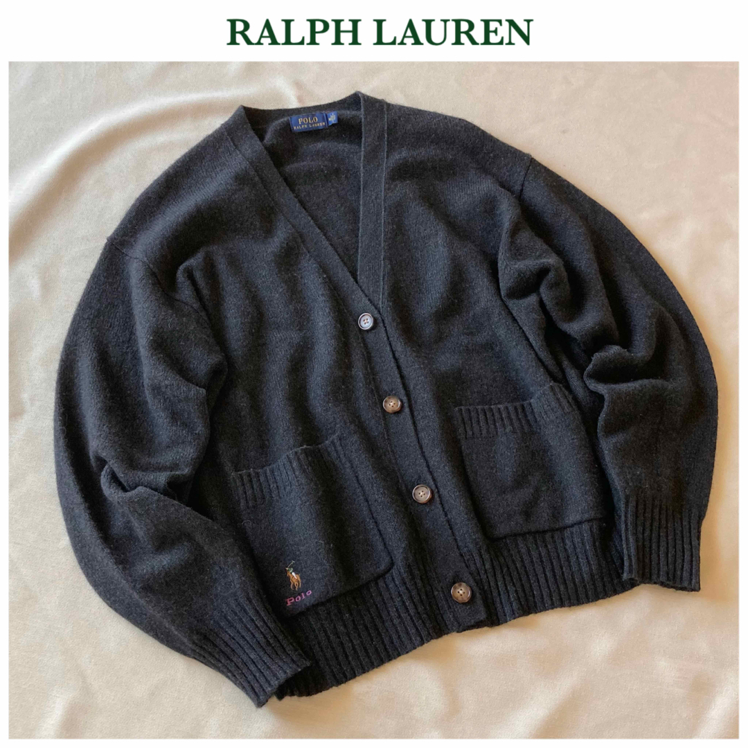 Ralph Lauren(ラルフローレン)のポロ ラルフローレン ロゴ刺繍 ウール ニット カーディガン M 黒 チャコール レディースのトップス(カーディガン)の商品写真