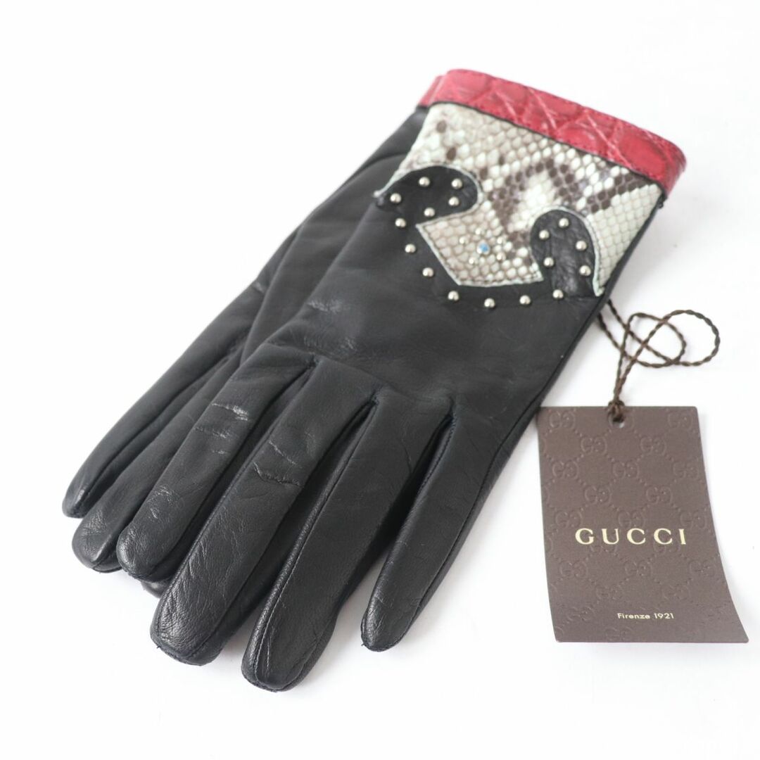 Gucci(グッチ)の未使用品☆GUCCI グッチ クロコダイルレザー×レザー パイソン使い スタッズ付 グローブ/手袋 黒 レディース 7 1/2 伊製 箱・保存袋付き レディースのファッション小物(手袋)の商品写真