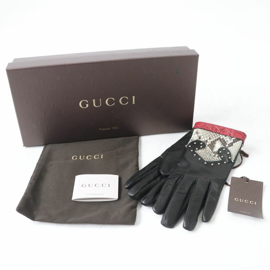 Gucci(グッチ)の未使用品☆GUCCI グッチ クロコダイルレザー×レザー パイソン使い スタッズ付 グローブ/手袋 黒 レディース 7 1/2 伊製 箱・保存袋付き レディースのファッション小物(手袋)の商品写真