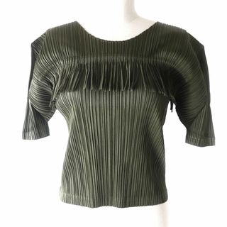 プリーツプリーズイッセイミヤケ(PLEATS PLEASE ISSEY MIYAKE)の極美★正規品 プリーツプリーズ イッセイミヤケ PP91-JK094 フリンジデザイン クルーネック 半袖 カットソー レディース カーキ 3 日本製(カットソー(半袖/袖なし))