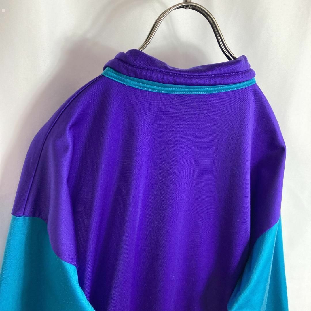 hummel(ヒュンメル)のビンテージ古着 ハーフジップ襟付ジャージ 刺繍ロゴ トリコロールパープル紫色XL メンズのトップス(ジャージ)の商品写真