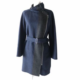 Hermes - 極美品◎正規品 19AW 仏製 HERMES エルメス レディース セリエボタン ベルト付き スタンドカラー 比翼 ロングコート ブルー×グレー 34