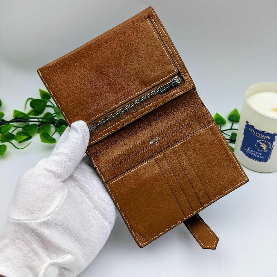 エルメス ベアンコンパクト シェーブル ゴールド ブラウン シルバー金具 □G エルメス ベアンコンパクト シェーブル ゴールド ブラウン シルバー金具 □G