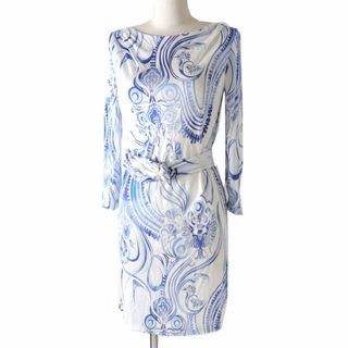 エミリオプッチ(EMILIO PUCCI)の未使用品◎正規品 伊製 EMILIO PUCCI エミリオ プッチ 12RL97 ベルト付き 長袖ワンピース ブルー系 総柄プリント 38 タグ・ハンガー付き(ひざ丈ワンピース)