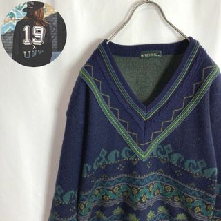 ヴィンテージ(VINTAGE)のレトロ古着 Vネック ニットセーター ウール 民族 ネイティブ柄 ネイビー M(ニット/セーター)