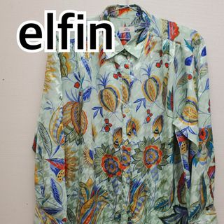 elfin シャツ ブラウス 柄シャツ 古着系 グリーン系 日本製【CT69】(Tシャツ(長袖/七分))