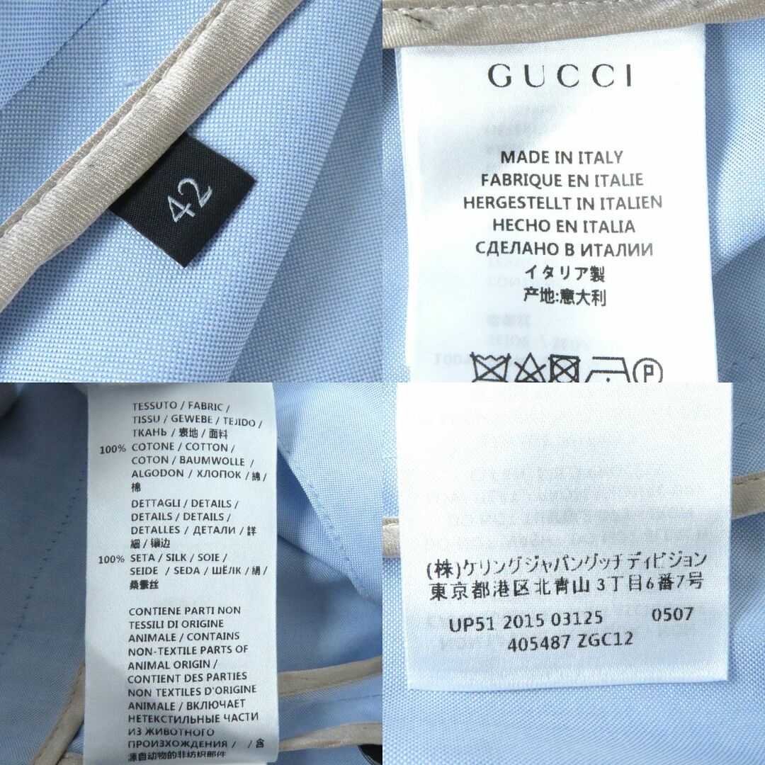 Gucci(グッチ)の未使用△正規品 GUCCI グッチ 405487 レディース 裏地シルク ロゴシェルボタン付 ピークドラペル シングルジャケット ライトブルー 42 伊製 レディースのジャケット/アウター(テーラードジャケット)の商品写真