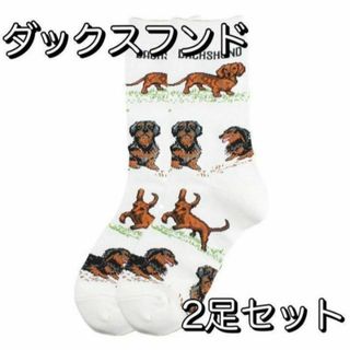 かわいい♡ダックスフンド 靴下 クルーソックス 同柄2足組 レディース ドック柄(ソックス)