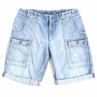 ドルチェアンドガッバーナ(DOLCE&GABBANA)の良品▼黒タグ ドルチェ＆ガッバーナ G3GIEP 20BLUE ロゴ入りボタン レザーパッチ付き ショートパンツ/カーゴデニム ブルー48 メンズ 正規品(ショートパンツ)