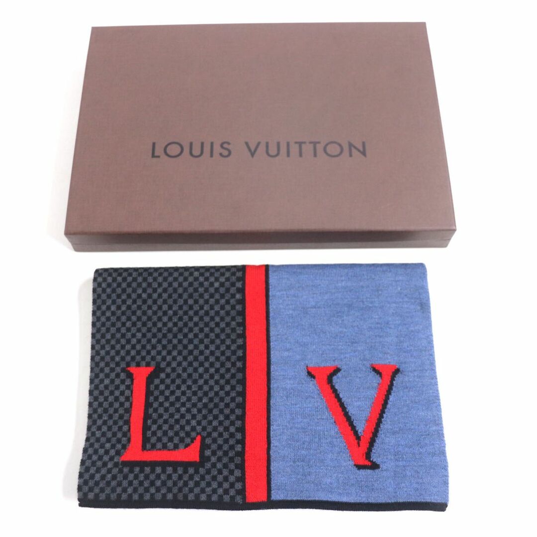 LOUIS VUITTON(ルイヴィトン)の美品▼LOUIS VUITTON ルイヴィトン M70249 エシャルプLVダミエ ルージュ ウール100% マフラー 青×赤×黒 メンズ 伊製 正規品 箱付き メンズのファッション小物(マフラー)の商品写真