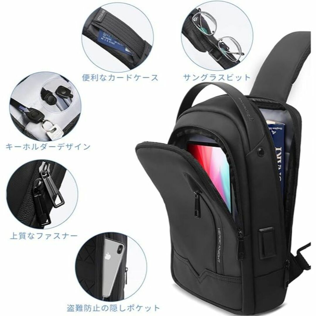 ボディバッグ ショルダー大容量 防水 軽量 USBポート付き iPad収納可能 メンズのバッグ(ボディーバッグ)の商品写真