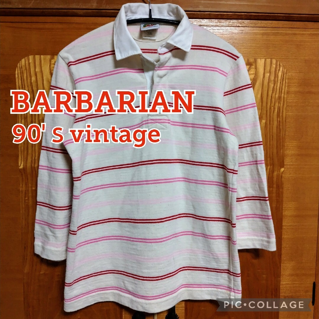 Barbarian(バーバリアン)の■90′ｓビンテージ【BARBARIAN】ラガーシャツ、生成×桃×赤、Мくらい レディースのトップス(その他)の商品写真