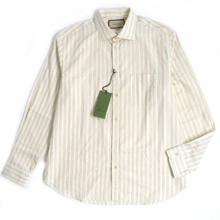 グッチ(Gucci)の未使用品▼2021年製 GUCCI グッチ 644984 ロゴ入りボタン ストライプ柄 長袖シャツ クリーム×レッド 44/17 1/2 メンズ 伊製 正規品 タグ付(シャツ)