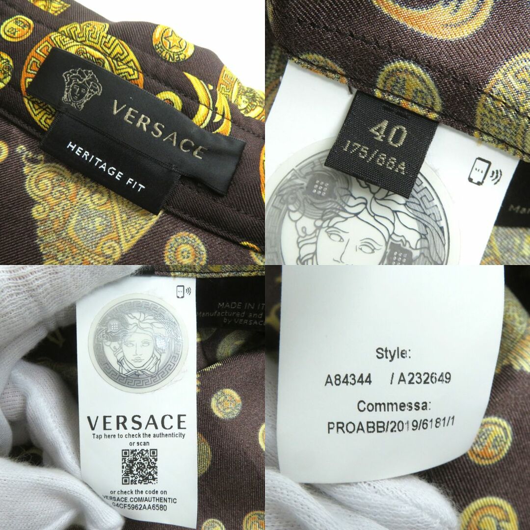 VERSACE(ヴェルサーチ)の極美品△正規品 VERSACE ヴェルサーチ 2019年 A84344 メデューサボタン付 バロッコ 総柄 HERITAGE FIT 長袖 シルクシャツ 40 焦げ茶×黄色 メンズのトップス(シャツ)の商品写真